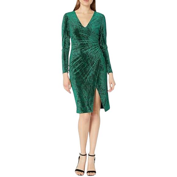 Halo Sheath Dress Velvet Green Jacquard Faux Wrap - Picture 2 of 14